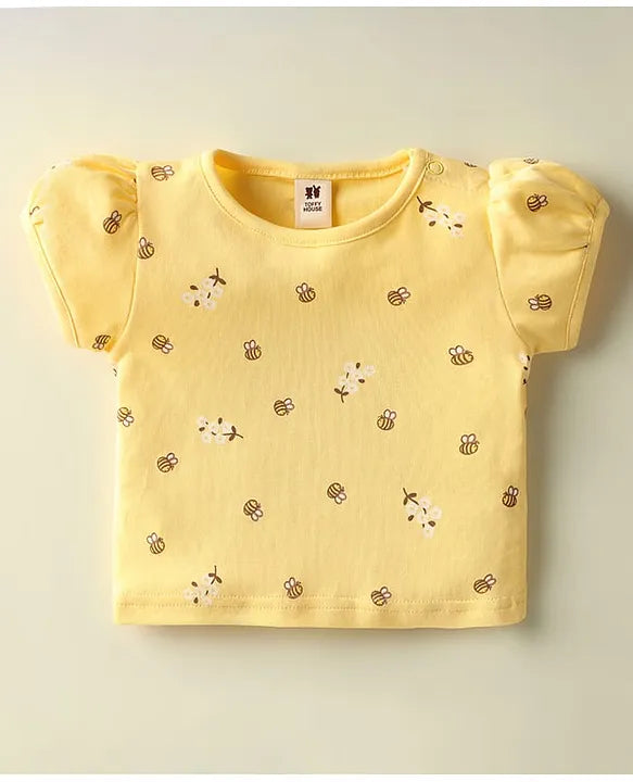 ToffyHouse Corduroy Woven Knit Half Sleeves Inner Tee & Dungaree Set with Honeybee & Floral Print - Yellow & Teal Blue