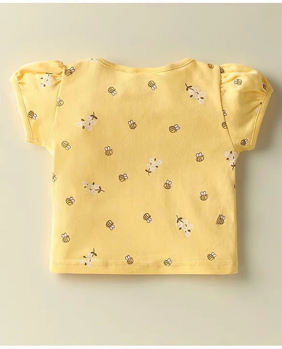 ToffyHouse Corduroy Woven Knit Half Sleeves Inner Tee & Dungaree Set with Honeybee & Floral Print - Yellow & Teal Blue