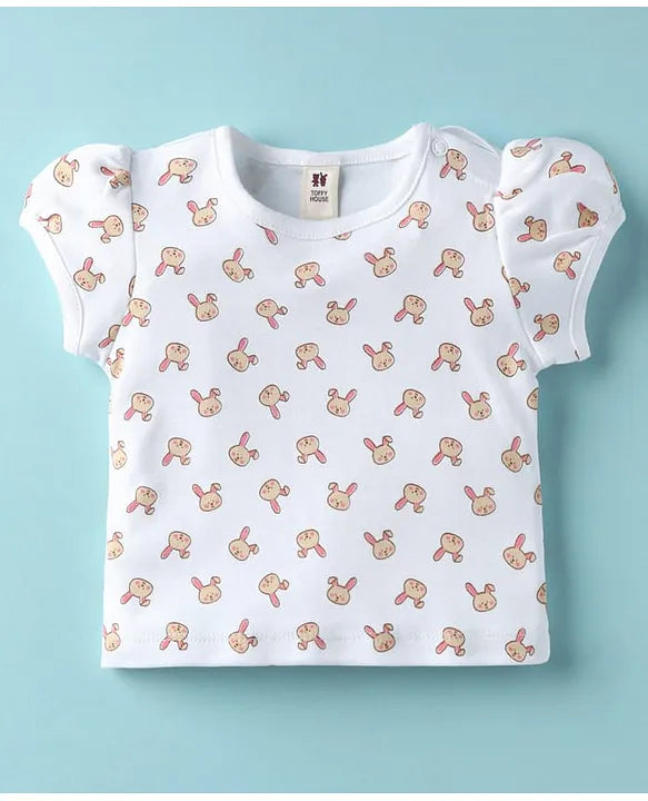 ToffyHouse Corduroy Woven Dungaree & Half Sleeves Inner Tee With Bunny Print & Embroidery - Coral & White