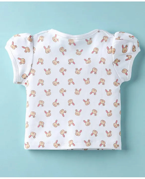 ToffyHouse Corduroy Woven Dungaree & Half Sleeves Inner Tee With Bunny Print & Embroidery - Coral & White