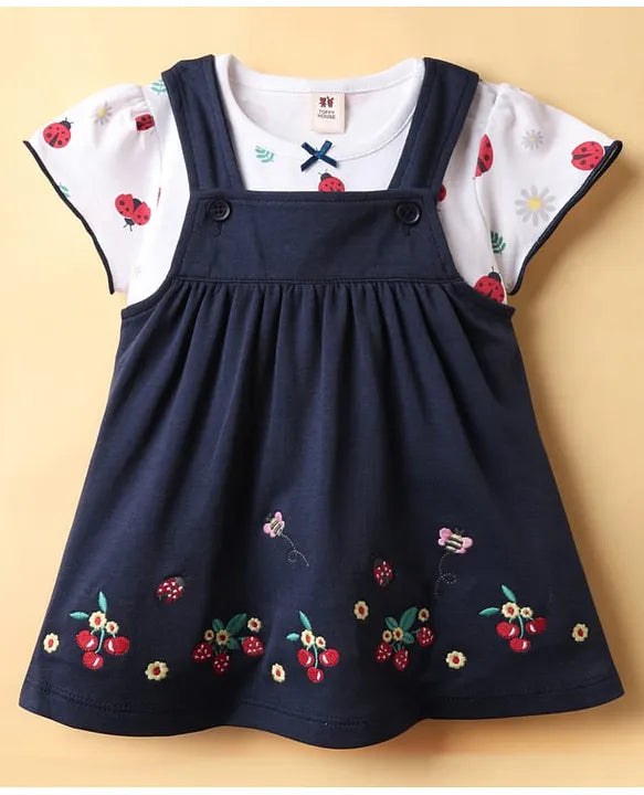 ToffyHouse Interlock Knit Frock & Half Sleeves Inner Tee With Cherry Embroidery & Ladybug Print - Navy Blue & White