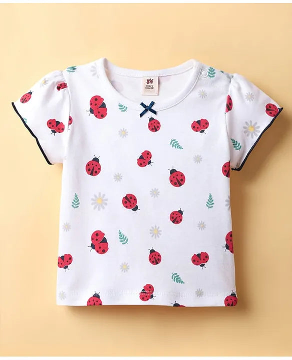ToffyHouse Interlock Knit Frock & Half Sleeves Inner Tee With Cherry Embroidery & Ladybug Print - Navy Blue & White
