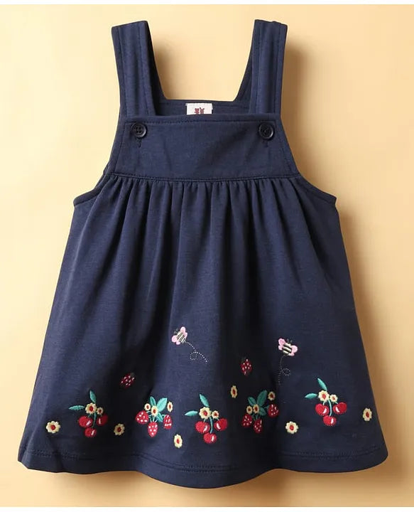 ToffyHouse Interlock Knit Frock & Half Sleeves Inner Tee With Cherry Embroidery & Ladybug Print - Navy Blue & White