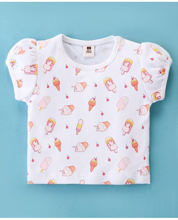 ToffyHouse Dungaree Style Romper with Half Sleeves T-Shirt Ice Cream Print - Pink