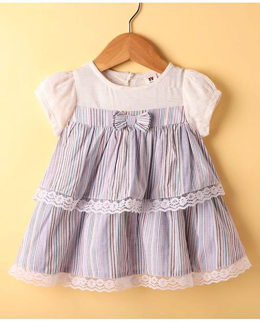 ToffyHouse Half Sleeves Striped Frock & Bloomer with Bow Applique - Multicolor