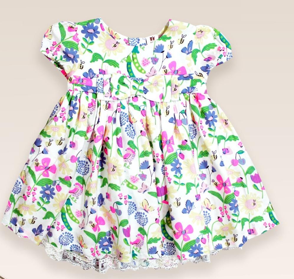 ToffyHouse Woven Half Sleeves Frock With Flower Print & Bow Applique - White/Green