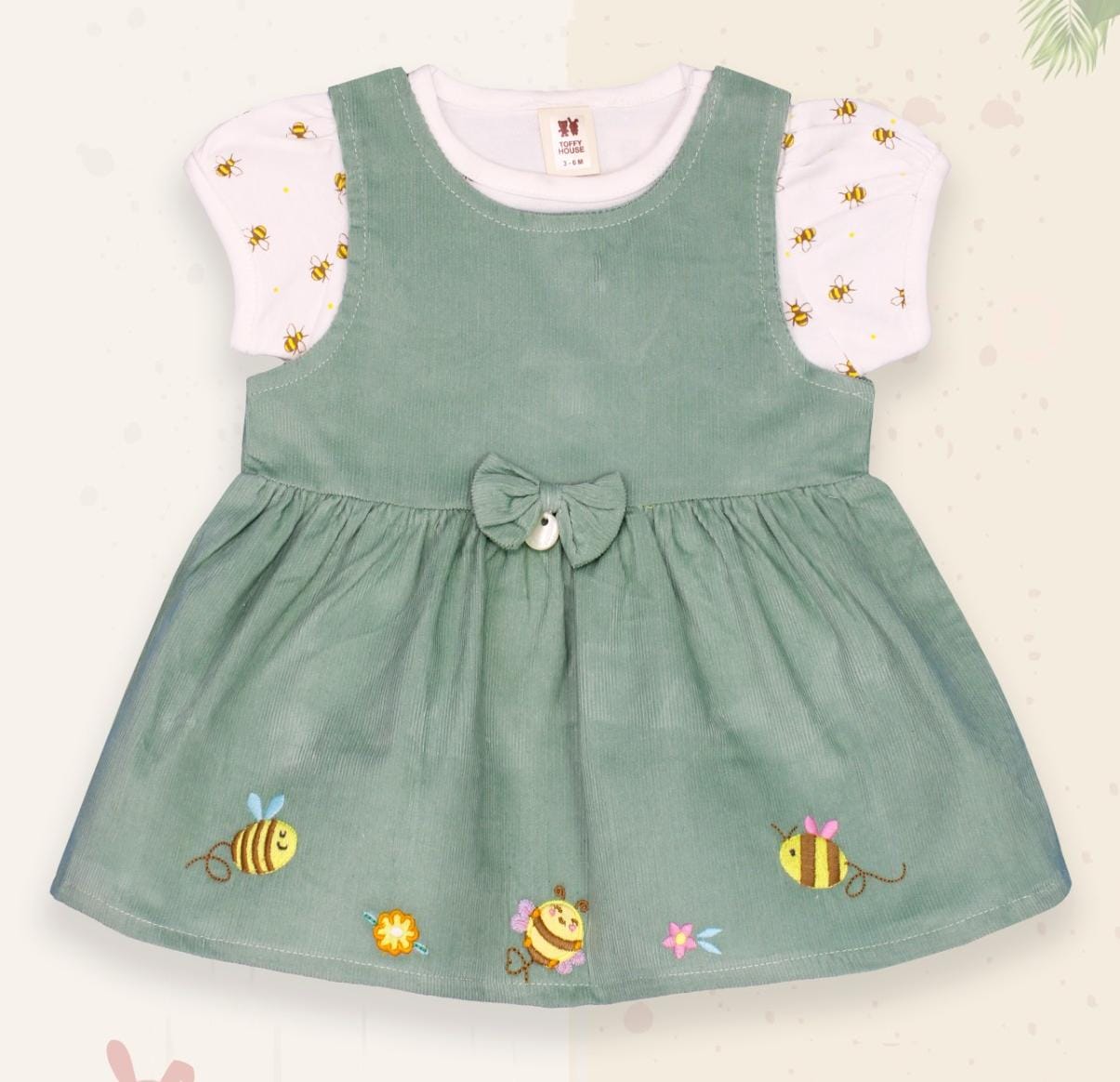 ToffyHouse Cotton Woven Half Sleeves Frocks with Inner T-Shirt with Honey Bee Print & Embroidery with Bow Applique - Green