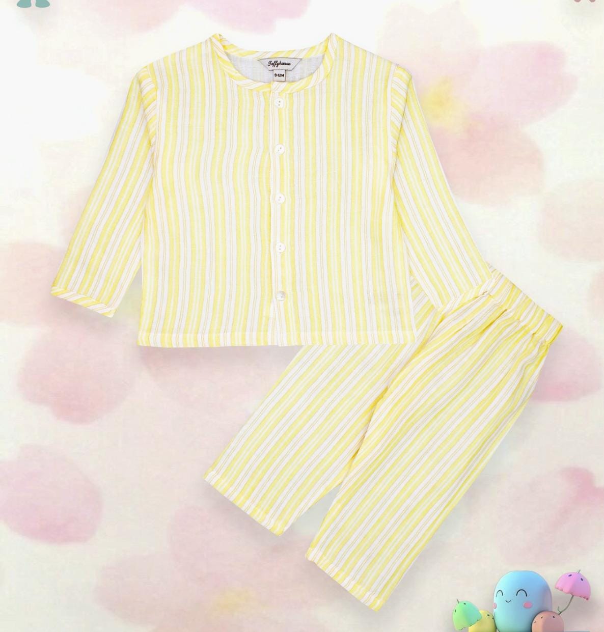 ToffyHouse Muslin Knit Full Sleeves Night Suit With Striped Print - Yellow