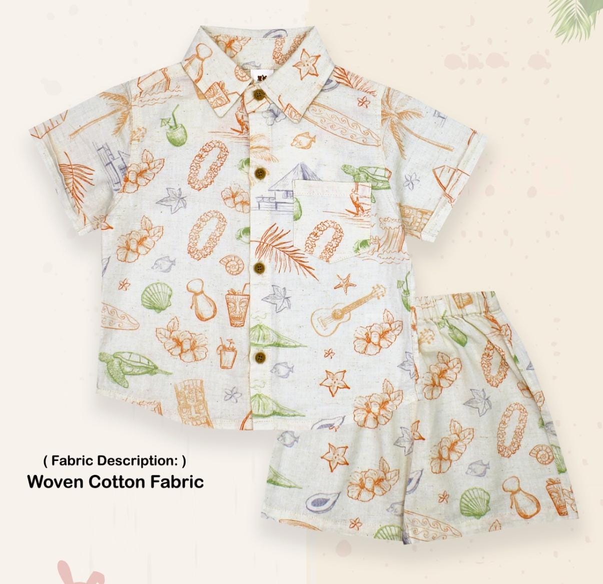 ToffyHouse Cotton Woven Half Sleeves Beach Shirt & Shorts Set - Orange