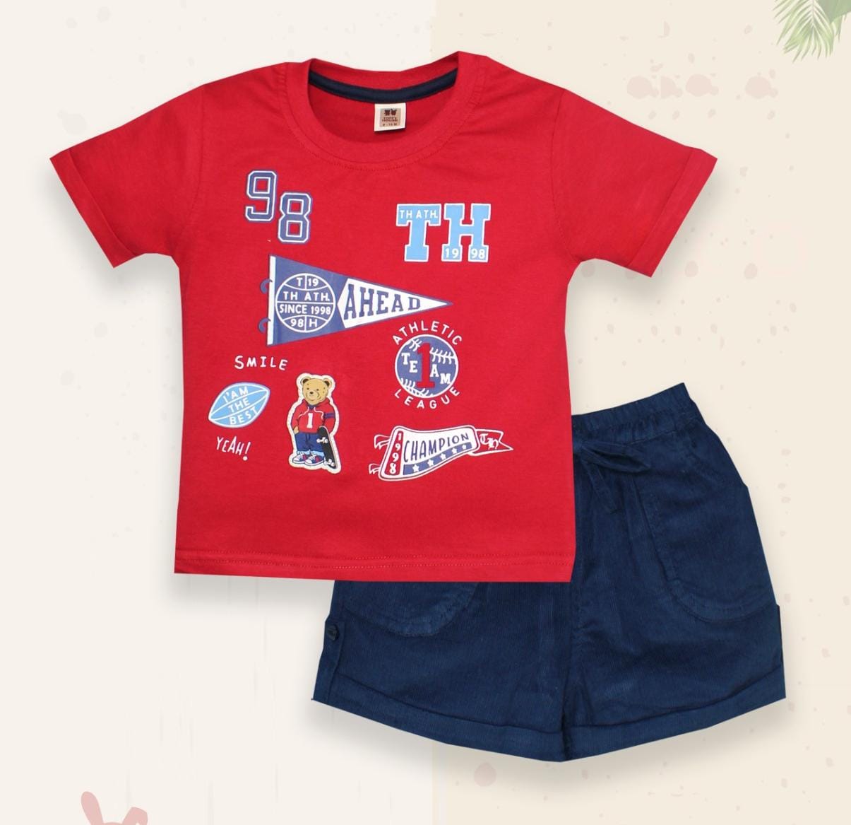 ToffyHouse Cotton Knit Half Sleeves T-Shirt & Shorts Set With Teddy Print - Red