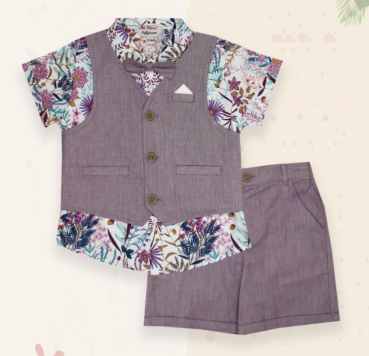 ToffyHouse 100% Cotton Woven Half Sleeves Checkered Party Suit with Waistcoat & Bow Tie - Purple & White