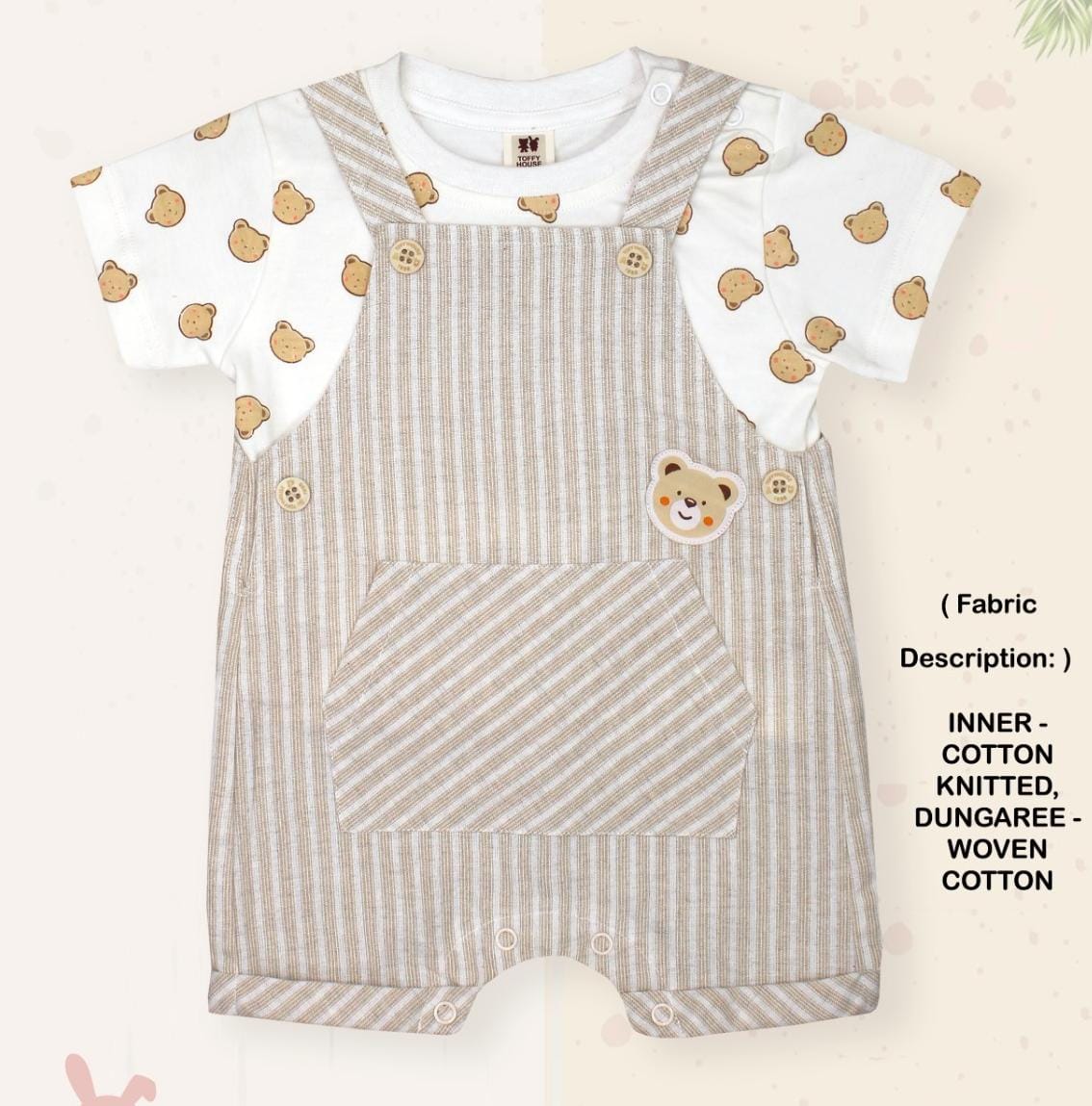 ToffyHouse Cotton Dungaree with Half Sleeves T-Shirt with Teddy Applique - White