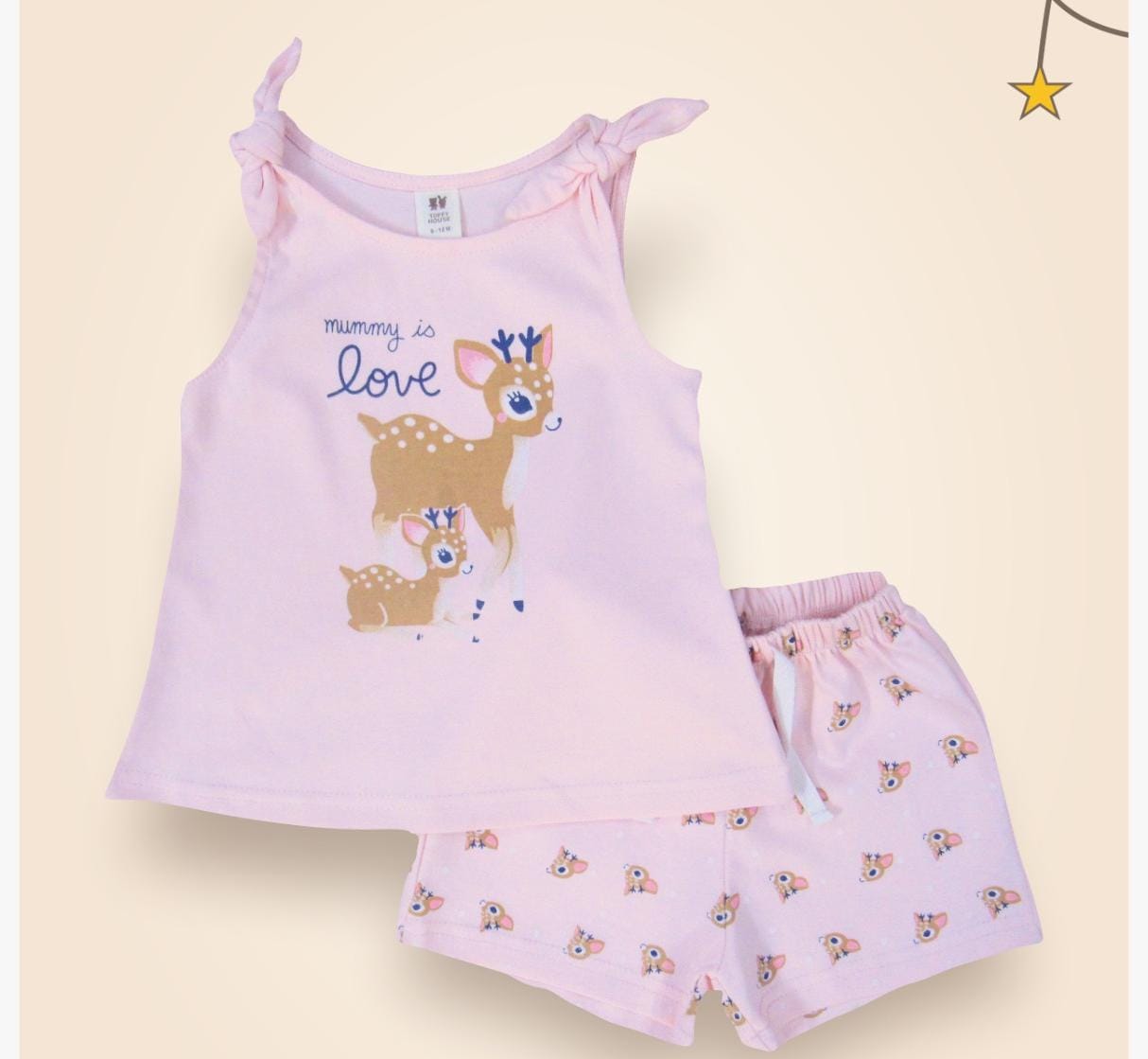 ToffyHouse knitted Sleeveless Front Open Top & Shorts Set with Deer Print & Embroidery - Orange