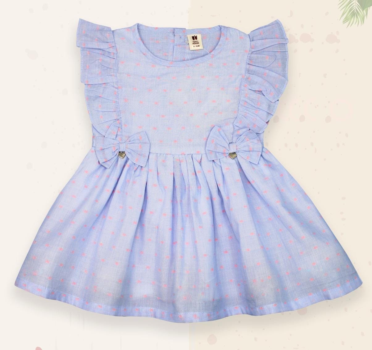 ToffyHouse Cotton Woven Frill Sleeves Frock With Floral Print & Bow Applique - Blue