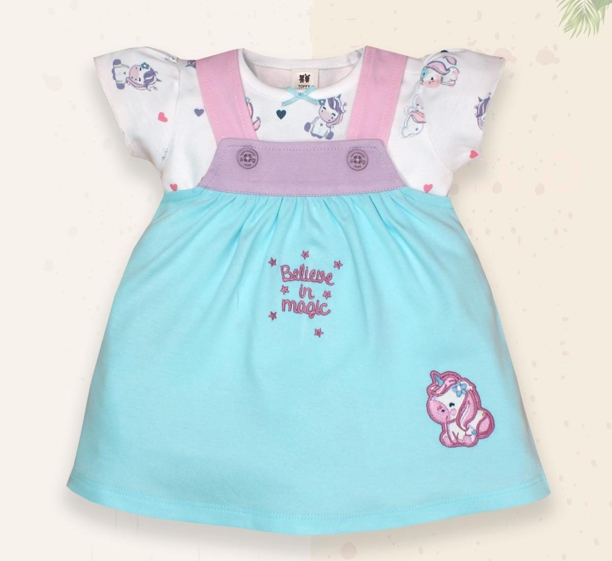 ToffyHouse Knitted Woven Half Sleeves Inner T-Shirt & Frock with Unicorn Print - Blue & White