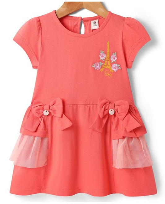ToffyHouse Half Sleeves Dress With Floral Embroidery & Bow Applique - Coral Pink