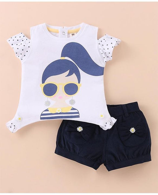 ToffyHouse  Top & Shorts Set With Cool Girl Print - White & Navy