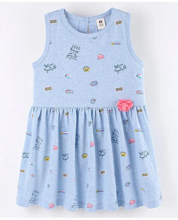 ToffyHouse Toffyhouse Single Jersey Sleeveless Frock With Text Print & Floral Corsage - Blue