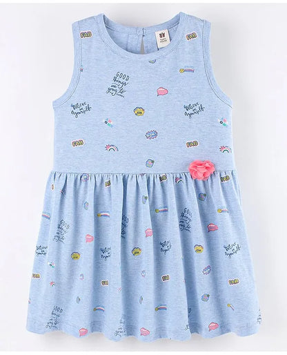 ToffyHouse Toffyhouse Single Jersey Sleeveless Frock With Text Print & Floral Corsage - Blue