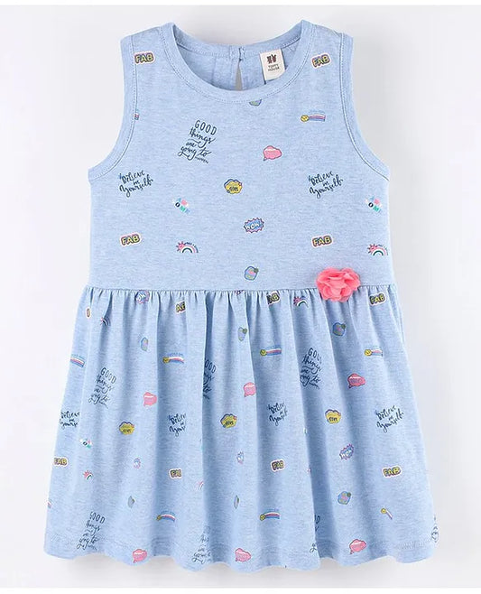 ToffyHouse Toffyhouse Single Jersey Sleeveless Frock With Text Print & Floral Corsage - Blue