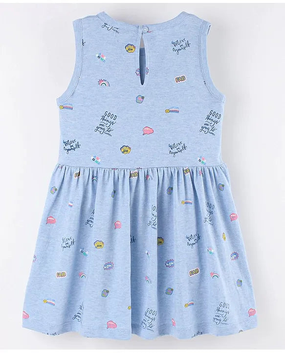 ToffyHouse Toffyhouse Single Jersey Sleeveless Frock With Text Print & Floral Corsage - Blue