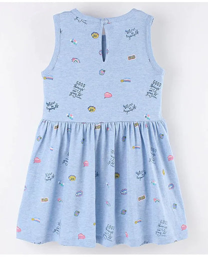 ToffyHouse Toffyhouse Single Jersey Sleeveless Frock With Text Print & Floral Corsage - Blue