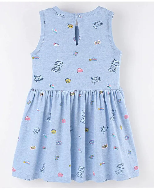 ToffyHouse Toffyhouse Single Jersey Sleeveless Frock With Text Print & Floral Corsage - Blue