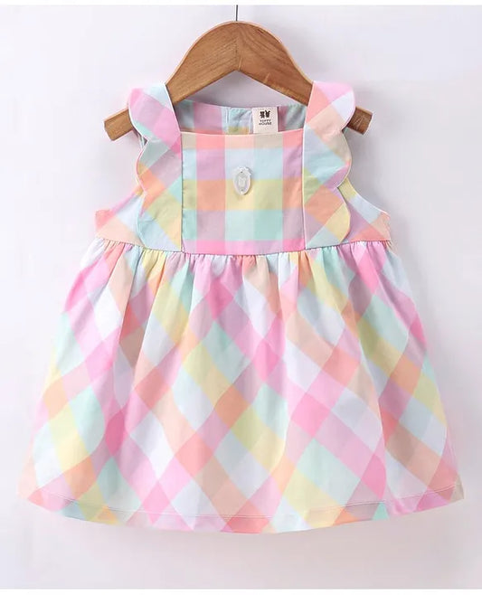 ToffyHouse Cotton Knit Sleeveless Checks Frock - Multicolour
