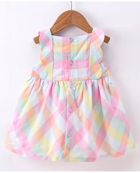 ToffyHouse Cotton Knit Sleeveless Checks Frock - Multicolour