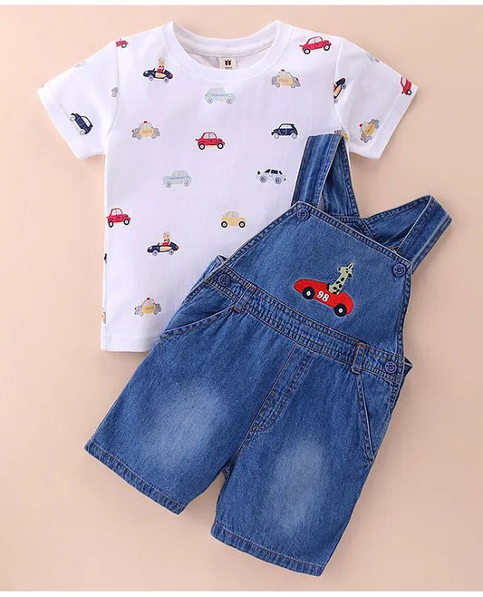 ToffyHouse Cotton Knit Half Sleeves T-Shirt with Denim Dungarees With Cars Print & Embroidery - White