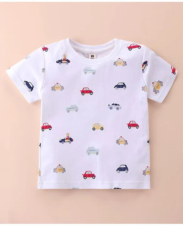 ToffyHouse Cotton Knit Half Sleeves T-Shirt with Denim Dungarees With Cars Print & Embroidery - White