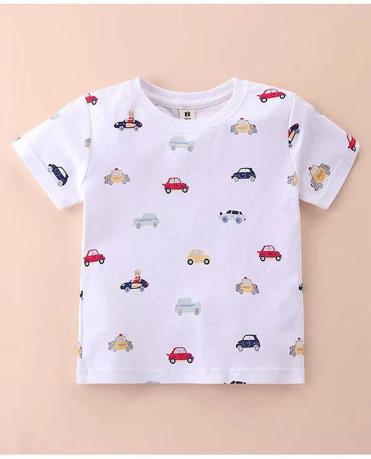 ToffyHouse Cotton Knit Half Sleeves T-Shirt with Denim Dungarees With Cars Print & Embroidery - White