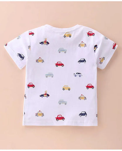 ToffyHouse Cotton Knit Half Sleeves T-Shirt with Denim Dungarees With Cars Print & Embroidery - White