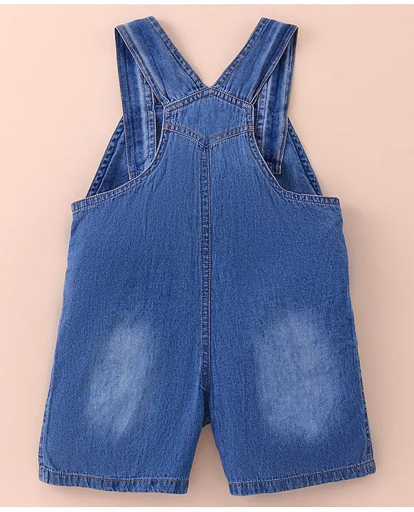 ToffyHouse Cotton Knit Half Sleeves T-Shirt with Denim Dungarees With Cars Print & Embroidery - White