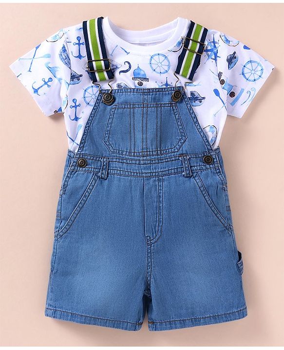 ToffyHouse 100% Cotton Woven Boat Printed Top with Dungaree - Blue & White