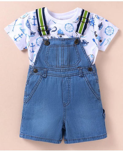 ToffyHouse 100% Cotton Woven Boat Printed Top with Dungaree - Blue & White