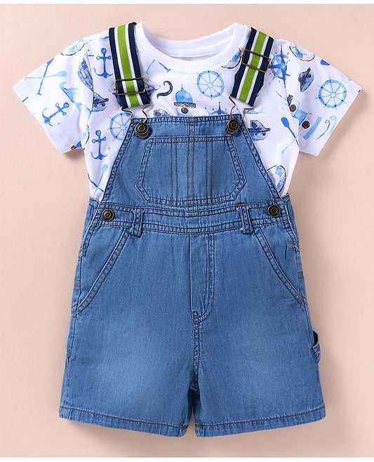ToffyHouse 100% Cotton Woven Boat Printed Top with Dungaree - Blue & White