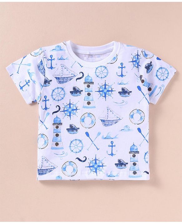 ToffyHouse 100% Cotton Woven Boat Printed Top with Dungaree - Blue & White