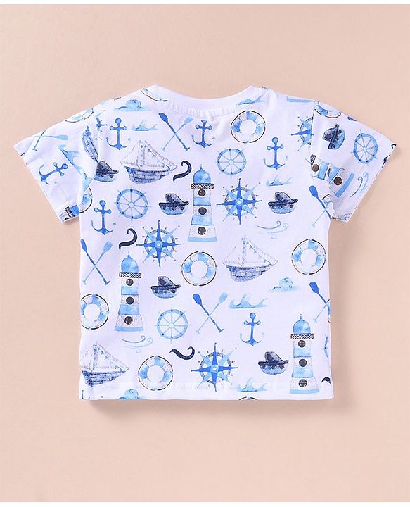 ToffyHouse 100% Cotton Woven Boat Printed Top with Dungaree - Blue & White