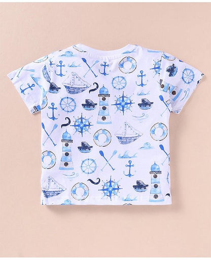 ToffyHouse 100% Cotton Woven Boat Printed Top with Dungaree - Blue & White