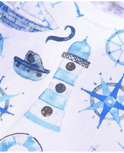 ToffyHouse 100% Cotton Woven Boat Printed Top with Dungaree - Blue & White