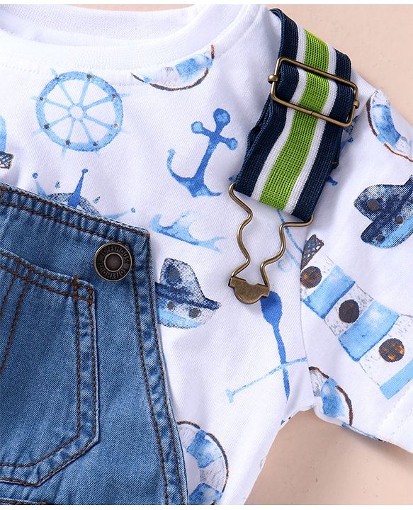 ToffyHouse 100% Cotton Woven Boat Printed Top with Dungaree - Blue & White