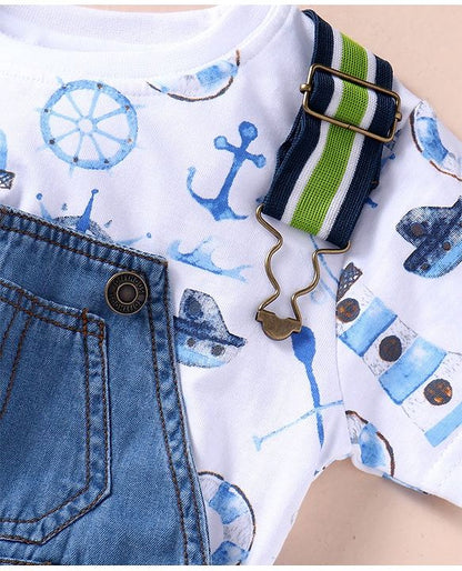 ToffyHouse 100% Cotton Woven Boat Printed Top with Dungaree - Blue & White