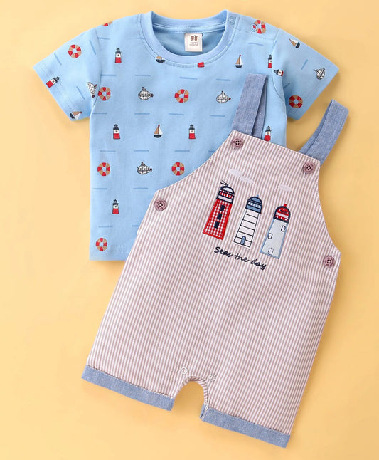 ToffyHouse  Dungaree & Half Sleeves T-Shirt with Striped & Sailor Theme Print - Blue