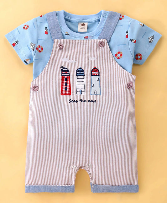 ToffyHouse  Dungaree & Half Sleeves T-Shirt with Striped & Sailor Theme Print - Blue