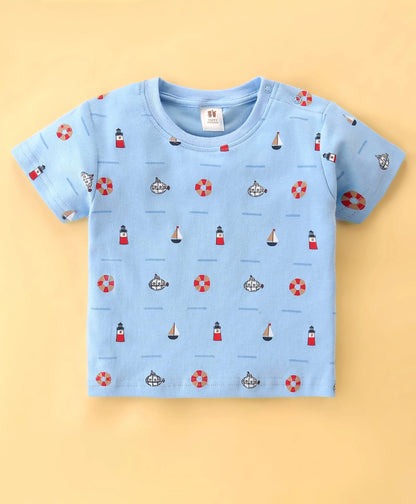 ToffyHouse  Dungaree & Half Sleeves T-Shirt with Striped & Sailor Theme Print - Blue