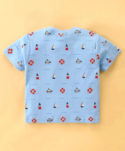 ToffyHouse  Dungaree & Half Sleeves T-Shirt with Striped & Sailor Theme Print - Blue