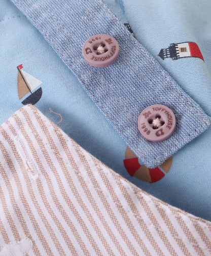 ToffyHouse  Dungaree & Half Sleeves T-Shirt with Striped & Sailor Theme Print - Blue