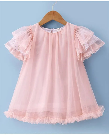 ToffyHouse Cotton Knit to Woven Half Frill Sleeves Solid Colour Frock - Peach