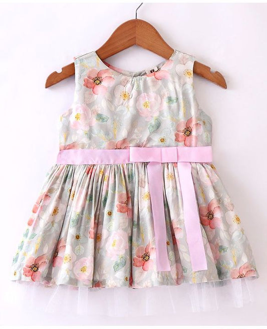 ToffyHouse Sleeveless Floral Printed Party Frock with Bow Detailing - Multicolour